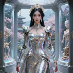 porttait of a beautiful celestial Brazilian Japanese pearlescent multiversal Goddess wearing a futuristic luxurious Renaissance suit exposed in cryo chambers, ethereal and mecha theme, intricate, elegant, highly detailed, centered, digital painting, lush Japanese landscape, sakura season, Kyoto inspired, artstation, concept art, smooth, sharp focus, illustration, by Peter Mohrbacher, close-up, feminine slim figure, fancy