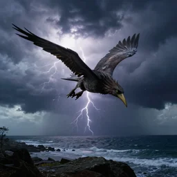 falcor flying through the air looking for atreyu, looking down at the shoreline in a epic thunderstorm. the neverending story. cinematic still matte eighties hdri upscale rutkowski cinema still