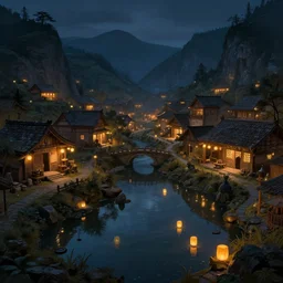 medieval village in valley at night landscape and lights by greg rutkowski craig mullins ross tran mucha cozy zen garden glowing water levitating lanterns lumen reflections matte painting concept art clear focus fantasy specular lighting global illumination trending on artstation