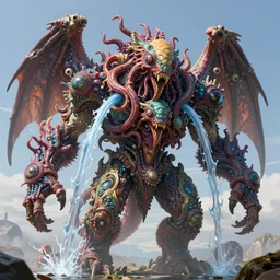 giant colorful hyperbeast, complex and intricate, lot of head, eyes, wings, horror, details, fleshy appendages, tentacles, hairs, plasma beams and streams of water artstation, concept art, smooth, sharp focus, illustration, art by greg rutkowski and zdzislaw beksinski, good clear quality, lighting, biology, hyper realism, hyper colors