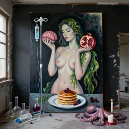 an abandoned apartment with black walls, a sensual portrait of a female pathologist holding a brain, intravenous drip, pomegranate, seaweed, organic, sensual, pancakes, berries, octopus, surgical supplies, scientific glassware, candles, berry juice drips, neo - expressionism, surrealism, acrylic and spray paint and oilstick on canvas
