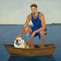klay thompson on a boat with his bulldog, by georgia o'keefe, by mark rothko