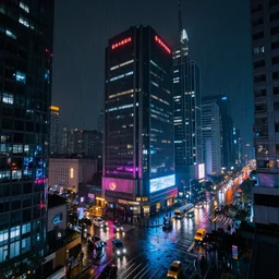 cyberpunk night city raining neon lights architectural photography 4K