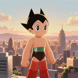 Panoramic city view of the anime character Astroboy, golden hour sunlight, award winning painting, artstation, concept art, digital painting, Unreal Engine 5, 8K, art by artgerm and greg rutkowski and makoto shinkai and alphonse mucha and ross tran