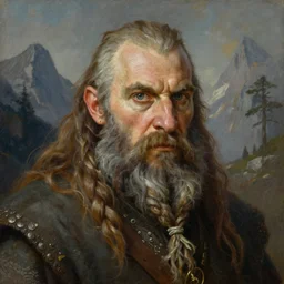a highly detailed portrait painting of a rugged medieval fantasy dwarf ranger with piercing eyes, no headgear, long hair, braided beard, mountain setting, by raymond swanland