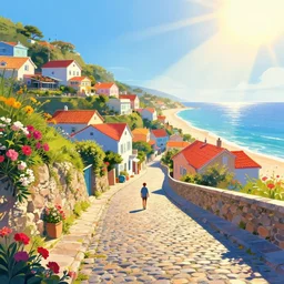 a lonely cobblestone street with flowers on a hill with colorful houses near the beach and the sea, brightly illuminated by rays of sun, artstation, colorful sylvain sarrailh illustration, multiple point perspective