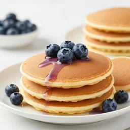 3 juicy blueberry pancakes from a fast food restaurant, depth of field, food photography, isometric, tasty, mcdonalds, wide shot, studio, bokeh, gmaster, cooking, food, kodak, sony, canon