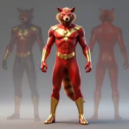 character design sheet, aardvark man, skin tight suit, aggressive, super hero, red and gold color scheme, unreal engine, volumetric lighting, octane render