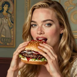 portrait of a Margot Robbie eating a hamburger, extra onions and ketchup, luscious patty with sesame seeds, masculine, handsome, D&D, fantasy, intricate, elegant, highly detailed, digital painting, artstation, concept art, matte, sharp focus, illustration, art by Artgerm and Greg Rutkowski and Alphonse Mucha