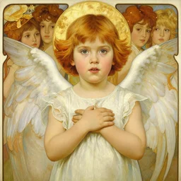 realistic detailed painting of a 2 1 - year old girl who resembles young scarlett johansson and millie bobby brown, as an angel with a golden halo, by alphonse mucha, ayami kojima amano, charlie bowater, karol bak, greg hildebrandt