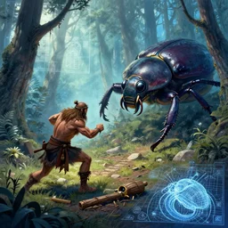 barbarian fighting against giant beetle, forest clearing, in the style of Greg Broadmore and Arthur Rackham,trending on artstation, light lighting side view,digital art,surrealism ,macro,blueprint ,vaporwave ,