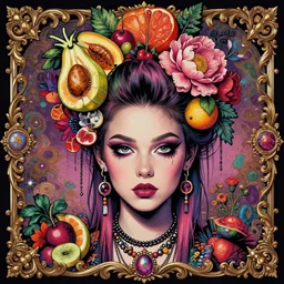 fantasy portrait of a straightedge punk teenager with glam rock hairdo composed of fruit and flowers, highly detailed, pop art, intricate, decorative, homoerotic, Baroque style,