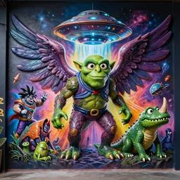 an 8 k photo real glossy hi res volumetric lighting 8 0 mm angel graffiti mural depicting a gremlin ufo orc zardoz lovecraft dinosaurs jim henson stranger anunaki rhino gator manga goku things lord of the rings where the wild things are game of thrones jwst nasa beast monster frightening clay sculpture fright night horror terror super hero toy marvel dynamic god rays portal milky way galaxy