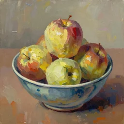 Beautiful dramatically lit bowl of fruit painted in the style of the old masters, painterly, thick heavy impasto, expressive impressionist style, painted with a palette knife