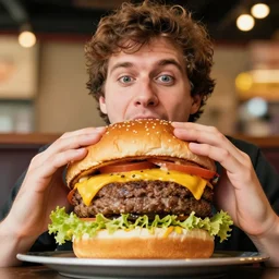 photorealistic Markiplier eating a ridiculously large hamburger in utah, bokeh filter