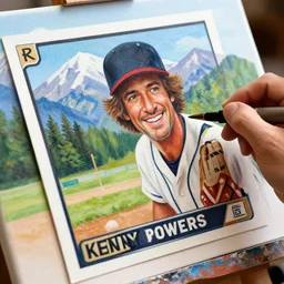 a closeup photorealistic photograph of bob ross painting a kenny powers baseball card onto a canvas. mountains and trees. film still. brightly lit scene. this 4 k hd image is trending on artstation, featured on behance, well - rendered, extra crisp, features intricate detail, epic composition and the style of unreal engine.