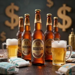 bottles of beer, mugs of beer, diapers everywhere, dollar sign background, dim volumetric lighting, 8 k octane beautifully detailed render, post - processing, extremely hyper - detailed, intricate, epic composition, cinematic lighting, masterpiece, trending on artstation, detailed detailed detailed, masterpiece, stunning art, wonderful masterpiece, beautiful cinematic light