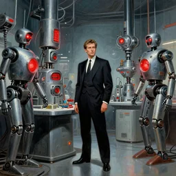man in futurist 6 0 ´ s lab, machines and futurist robots, red lights, part boris vallejo style, part leyendecker black suit
