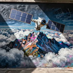 a beautiful graffiti of a satellite view of glitched mountains mixed with clouds, by patrick bremer