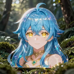 a hologram of rimuru tempest, sky blue hair, golden eyes, holography, irridescent, nature documentary still
