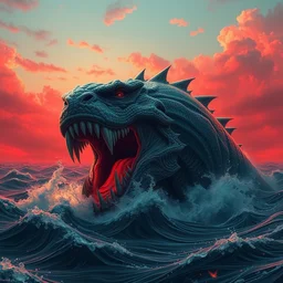 incomprehensible monster rising from the boiling oceans under a red sky, highly detailed, hyper realistic, teeth