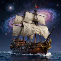 a pirate ship with galaxies in the sky ,highly detailed, 4k, HDR, award-winning, artstation, octane render