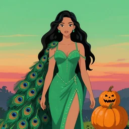 athena dressed with peacock clothes, black hair, green sunset, howl and pumpkin next to main character, vibrant palette, trending on artstation