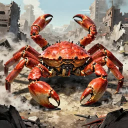 a very big giant mechanical weapons battle armor crab in the middle of war - torn battlefield of a crumbling city, some smoke, artstation, concept art, smooth, sharp focus, vivid grunge, manga, illustration, unreal engine 5, 8 k,, traditional japanese colors, superior quality, very detailed, wide angle, by bilibin and kuvshinov and malevich and