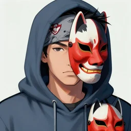 detailed conceptual close up digital art portrait illustration in moebius comic style random young guy using blue grey hoodie and grey bandana with red white black wolf combination in his right hoodie chest and red japanesse hannya mask