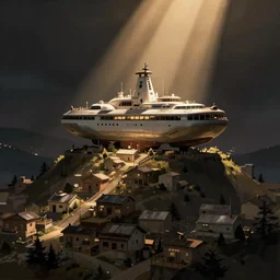 ship used as a village on a hill, concept art, digital painting, style of jordan grimmer, warm lighting, futuristic, volumetric lighting, view from below,dark, nighttime, godrays, high detail