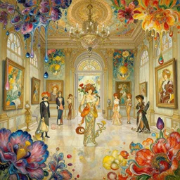 an intricate oil painting of a victorian picture gallery surounded by hiper detailed inkdrop in water, flowers, fluid acrilic art, melting colorfull wax, coloful flower petals, colorfull, excelent composition, wide shot, by yoshitaka amano, by greg rutkowski, by alphonse mucha by jeremyg lipkinng, by rhads, by ross tran