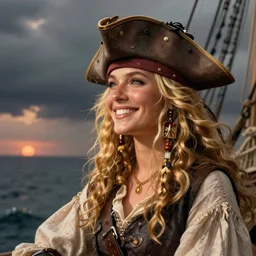 a happy smiling loving blond beautiful pirate captain gazing into the horizon in the style of mary jane ansell.
