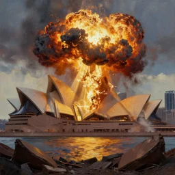 , city of sydney, nuclear explosion, rubble, hyperrealistic, highly detailed, cinematic, single ray of golden sunlight, beautiful, cgssociety, artstation, 8 k, oil painting by greg rutkowski, by artgerm, by wlop