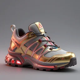realistic 3 d render of a cyberpunk android sneaker, beautiful studio lighting, soft, sharp focus, neon cyberpunk highlights, intricate detail, gold and red metal, soft rubber, textured plastic, octane render, side view, close up, trending on artstation, deviantart, nike, adidas, converse, vessi, reebok, salomon