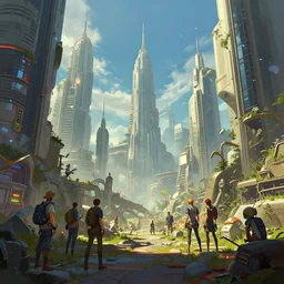 photo environement post futurist city : 4, 4 k rtx hdr volume light concept studio matte painting environement digital illustration style art that looks like it is from borderlands and by feng zhu and loish and laurie greasley, victo ngai, andreas rocha, john harris by jesper ejsing, by rhads, makoto shinkai and lois van baarle