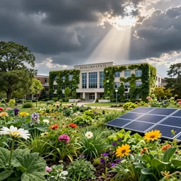 photograph of the kennesaw state university campus, covered in plant life, flowers, bees, and sustainable energy