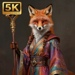 an anthropomorphic beautiful female fox wizard portrait holding a staff wearing colourful robe, fine art, award winning, intricate, elegant, sharp focus, octane render, hyperrealistic, cinematic lighting, highly detailed, digital painting, 8 k concept art, art by jamie hewlett and z. w. gu, masterpiece, trending on artstation, 8 k