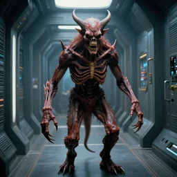 1 9 8 0 s sci - fi movie, vintage still frame, skinned monster demon in hi - tech corridor, photorealistic, art by ridley scott