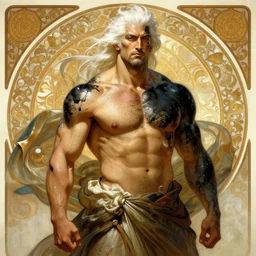 painted portrait of chinese general by greg rutkowski craig mullins art germ alphonse mucha, messy black body paint over back and his arms, white hair handsome muscular upper body mature warm tone bulging bubble flowing robe [ ancient chinese motifs ] background fantasy intricate elegant detailed digital painting concept art artstation sharp focus illustration