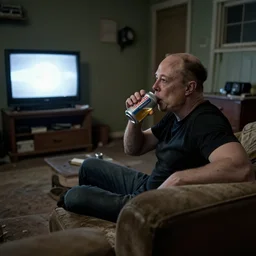 full room shot of sad bald poor elon musk drinking a can of beer in the couch while watching tv in a dirty house, very realistic photograph, cinematic lighting, dardenne brothers, trailer park boys