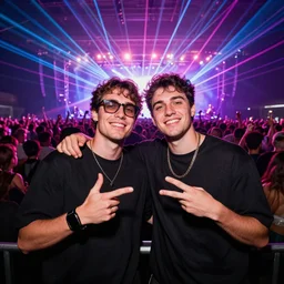 studio portrait of two friends partying at a concert with a huge crowd and lasers, hyper detailed, octane render, vivid colors, artstation, by jeremy mann