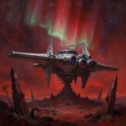 star destroyer spaceship massive exotic alien monument, jagged rocks pointing to the sky, sparse plants, weird, creepy, quiet, red color scheme, andromeda krogan nebula aurora, detailed painting bioluminance alena aenami artworks in 4 kby gustave darrow, moebius!! dan mumford thomas kinkade