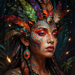 A reality bending psychedelic ayahuasca experience in semi darkness with many fire flies, colorful, distorted, surreal, tropical bird feathers, dramatic lighting on the face, intricate, elegant, highly detailed, digital painting, concept art, smooth, sharp focus, illustration, art by Krenz Cushart and Wayne Barlowe and alphonse mucha