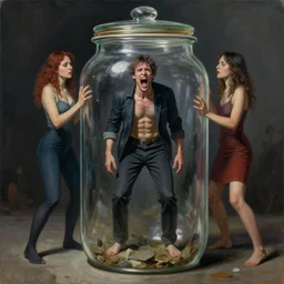 a screaming man standing trapped inside a jar. whole body visible. beautiful detailed dramatic painting by artgerm and magali villanueve and michael whelan