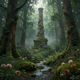 handmade stunning landscape of a big and deep forest, ornate, beautiful, atmosphere, vibe, mist, chimney, pristine, puddles, melting, dripping, creek, lush, forest, roses, flowers, by kilian eng jake parker loish, octane render, 8 k hd resolution, high quality image