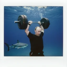medium shot, vladimir putin pumping iron l, underwater with sharks, polaroid photo, vintage, neutral colors, underwater, by shawn heinrichs and gregory crewdson