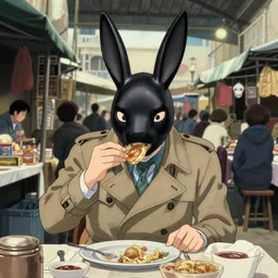 a man in a trench coat wearing a black rabbit mask eating at a street market, film still from the an anime directed by Katsuhiro Otomo with art direction by Salvador Dalí, wide lens