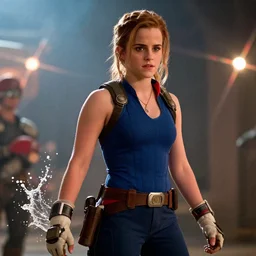 emma watson as super mario in gears of war destiny 2, splash art, movie still, cinematic lighting, dramatic, octane render, long lens, shallow depth of field, bokeh, anamorphic lens flare, 8 k, hyper detailed, 3 5 mm film grain