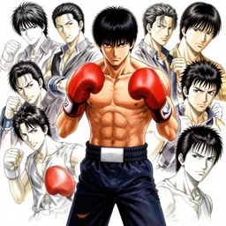 demon boxing hero ,manga style by Yusuke Murata,Takeshi Obata,Tite Kubo,Kentaro Miura,Masakazu Katsura,Hiroya Oku ,Katsuhiro Otomo,Masakazu Katsura,Takehiko Inoue,Yoshihiro Togashi,Tomohiro Shimoguchi,Stanley Artgerm Lau, WLOP, Rossdraws, Ryō Akizuki Yoshitaka Amano, short hair,worn pants,boxing glove, , ArtStation, manga style,centered,highly detailed face,CGSociety