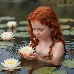 A red-haired girl bathes in a lake where water lilies are floating, High definition, detailed,